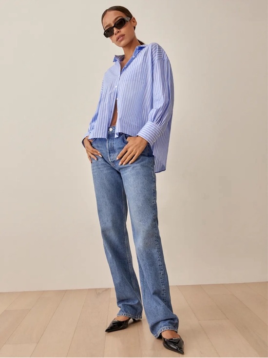 Reformation Tops - Reformation boxy cropped striped white blue shirt S cotton